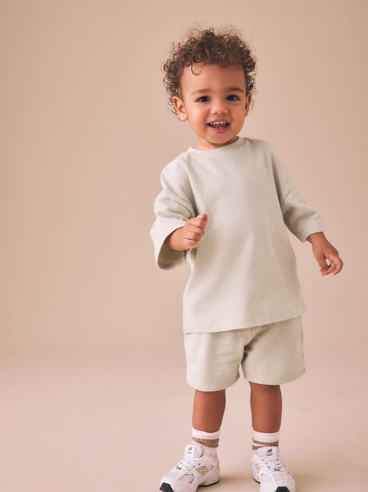 Ecru Textured Short Sleeve T-Shirt and Shorts Set (3mths-7yrs) image 2