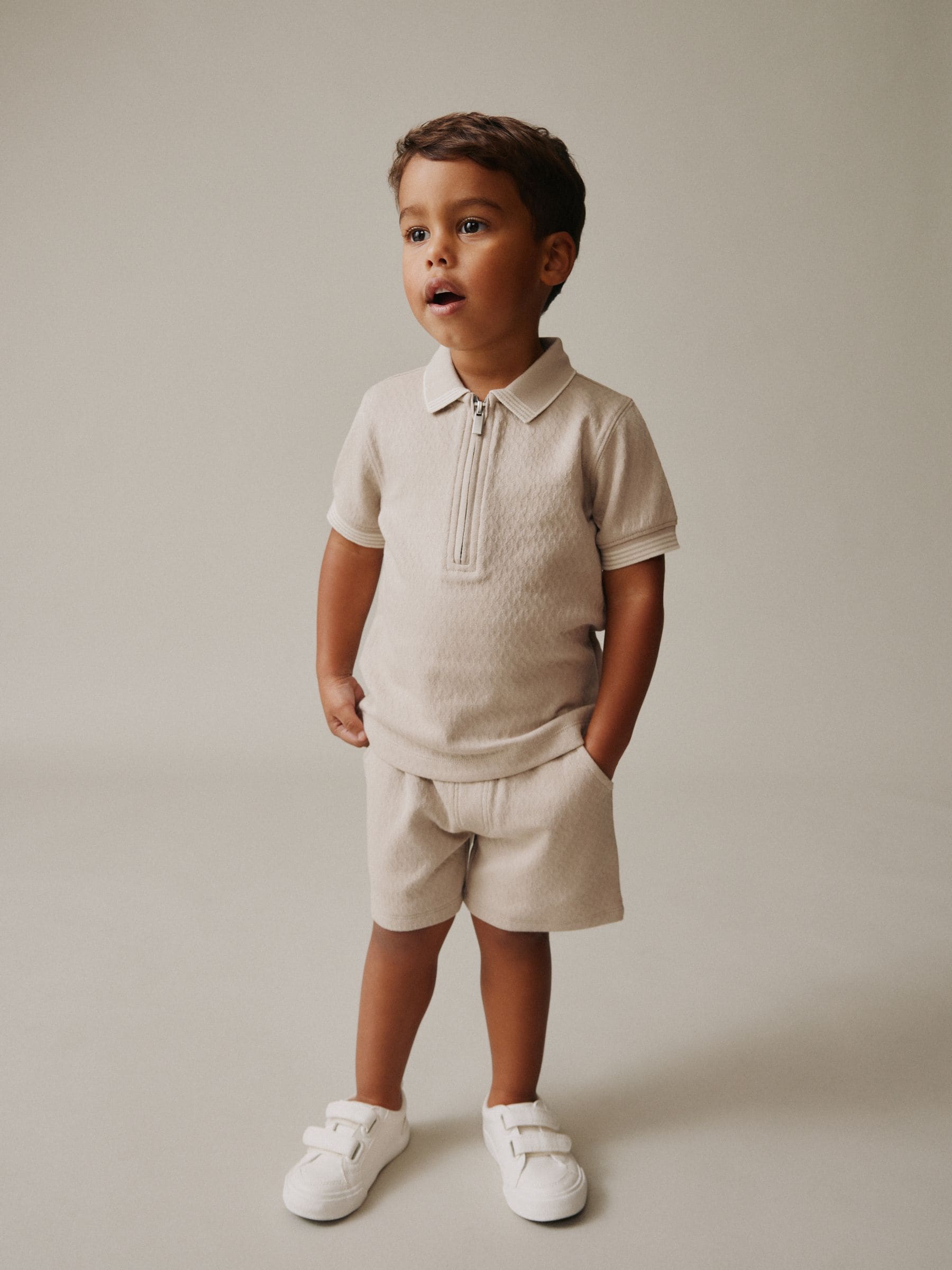 Neutral Zip Neck Short Sleeve Polo Shirt And Shorts Set (3mths-7yrs) image 1