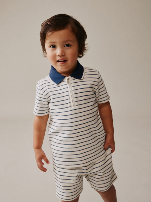 Navy/White Stripe Zip Neck Short Sleeve Polo Shirt And Shorts Set (3mths-7yrs) image 1