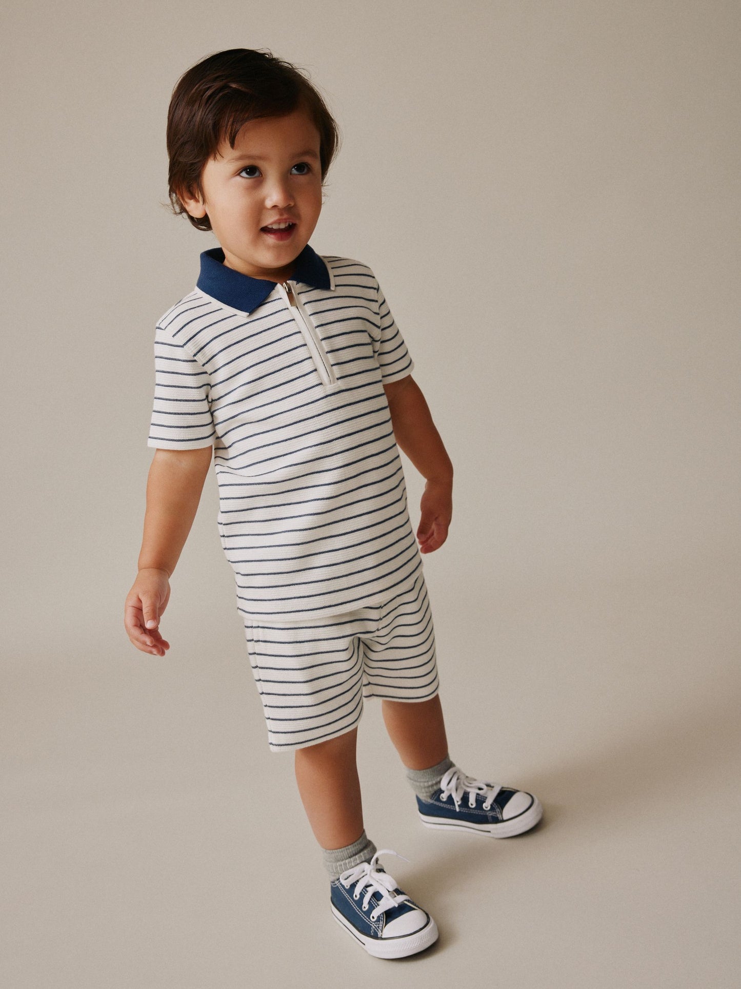 Navy/White Stripe Zip Neck Short Sleeve Polo Shirt And Shorts Set (3mths-7yrs) image 3