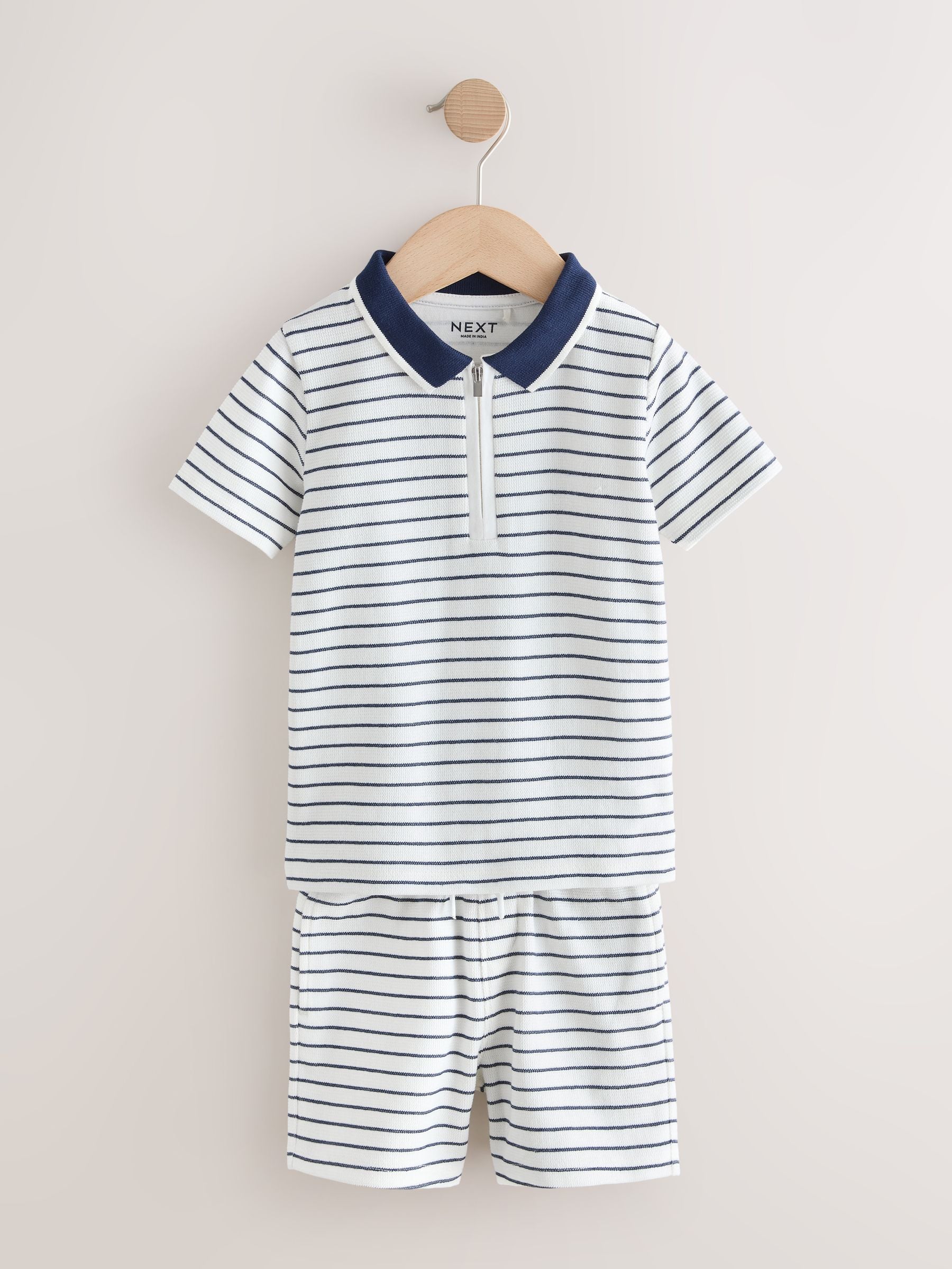 Navy/White Stripe Zip Neck Short Sleeve Polo Shirt And Shorts Set (3mths-7yrs) image 5