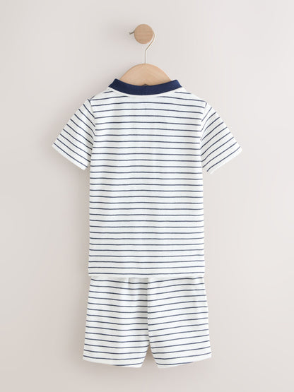 Navy/White Stripe Zip Neck Short Sleeve Polo Shirt And Shorts Set (3mths-7yrs) image 6