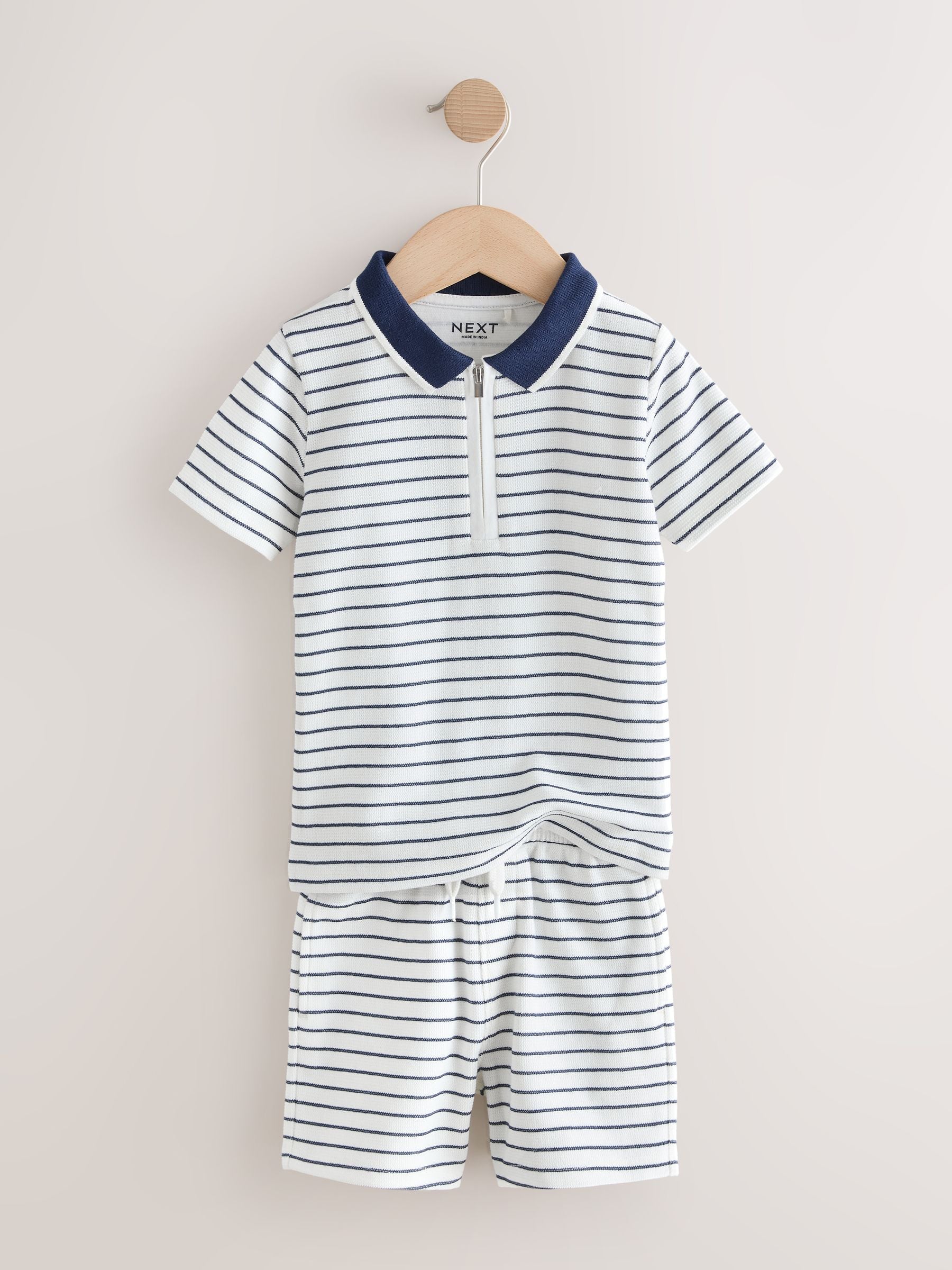 Navy/White Stripe Zip Neck Short Sleeve Polo Shirt And Shorts Set (3mths-7yrs) image 7