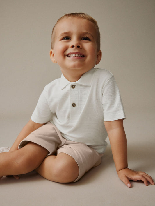 White Short Sleeve Textured Polo Shirt and Shorts Set (3mths-7yrs) image 1