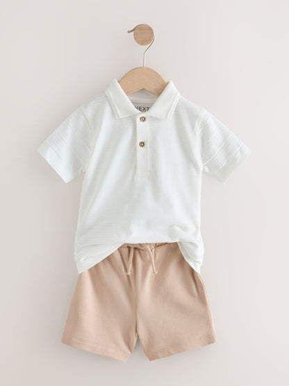 White Short Sleeve Textured Polo Shirt and Shorts Set (3mths-7yrs) image 7