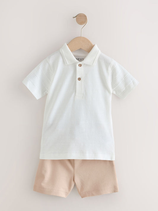 White Short Sleeve Textured Polo Shirt and Shorts Set (3mths-7yrs) image 1