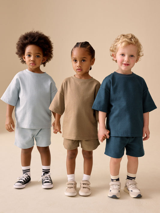 Black/Brown/Neutral Textured Short Sleeve T-Shirt and Shorts Set 3 Pack (3mths-7yrs) image 1