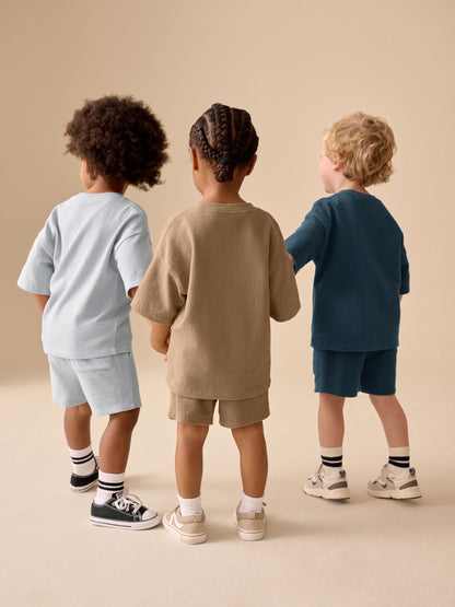 Black/Brown/Neutral Textured Short Sleeve T-Shirt and Shorts Set 3 Pack (3mths-7yrs) image 3