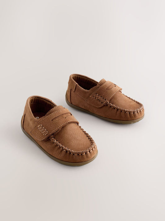 Tan Brown Standard Fit (F) Touch Fastening Leather Penny Loafers image 2