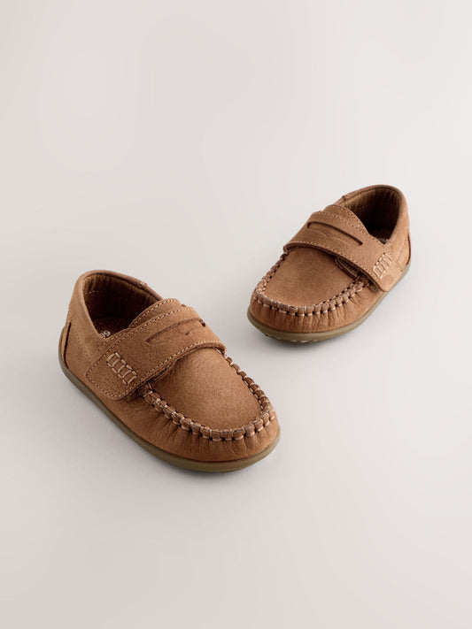 Tan Brown Standard Fit (F) Touch Fastening Leather Penny Loafers image 1