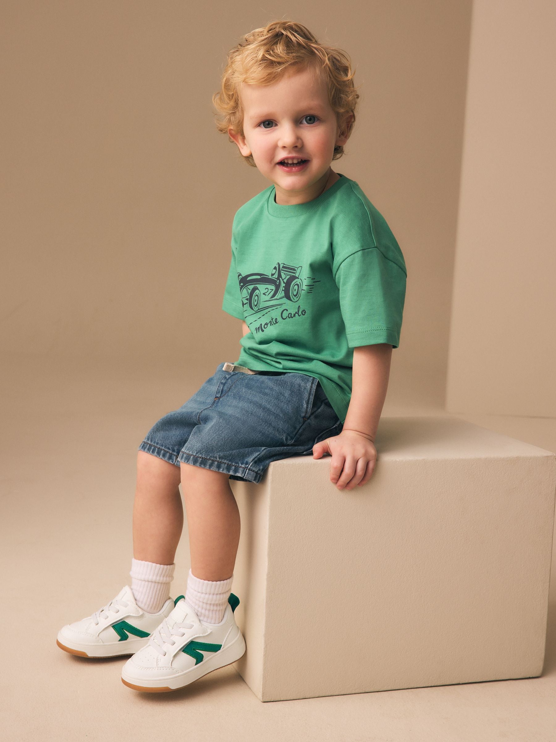 White/Green Standard Fit (F) Touch Fastening Elastic Lace Trainers image 3