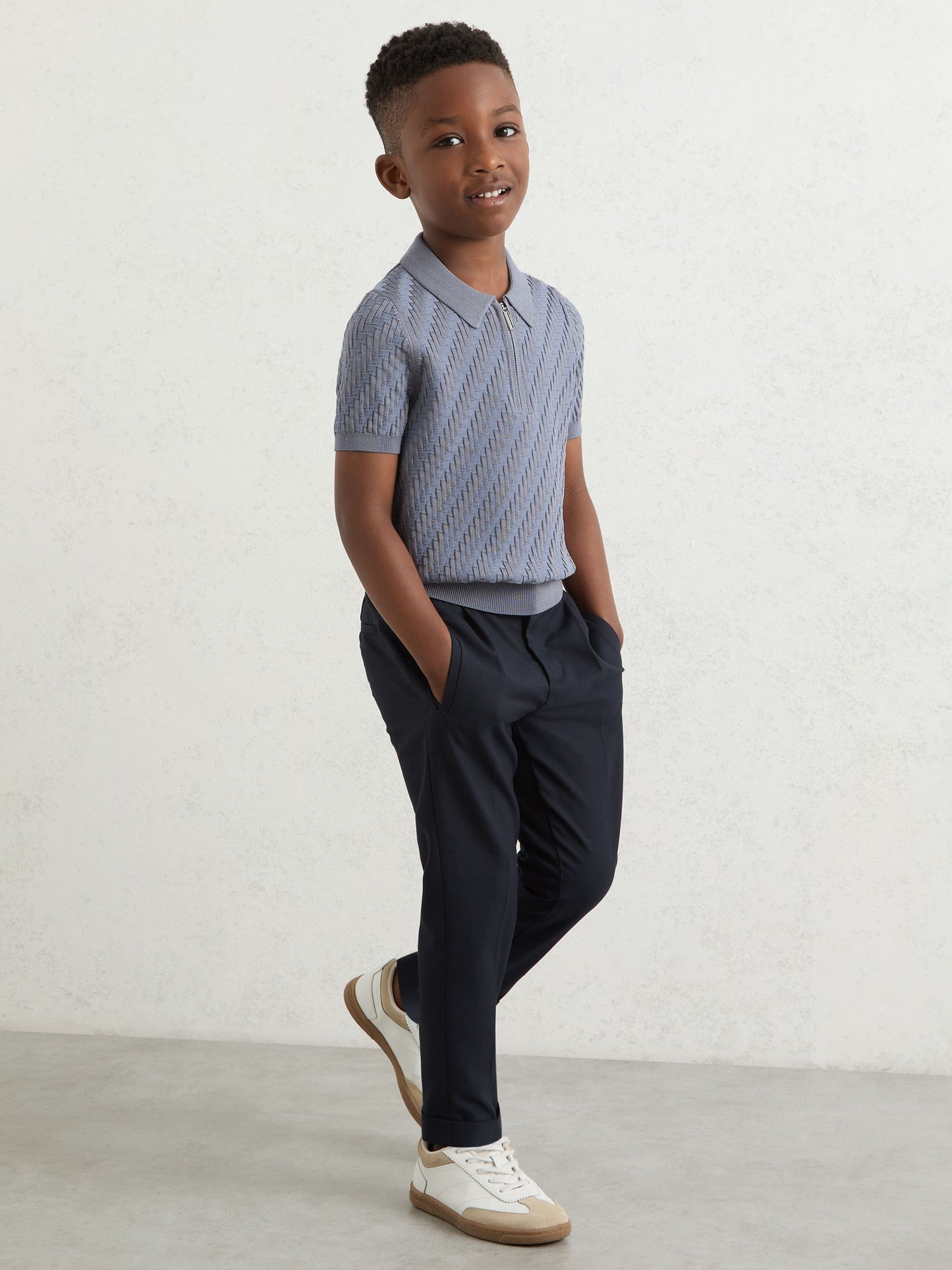 Dsiney Kidz - Reiss Airforce Blue Atticus 9-13 yrs Textured-Knit Half-Zip Polo Shirt image 1