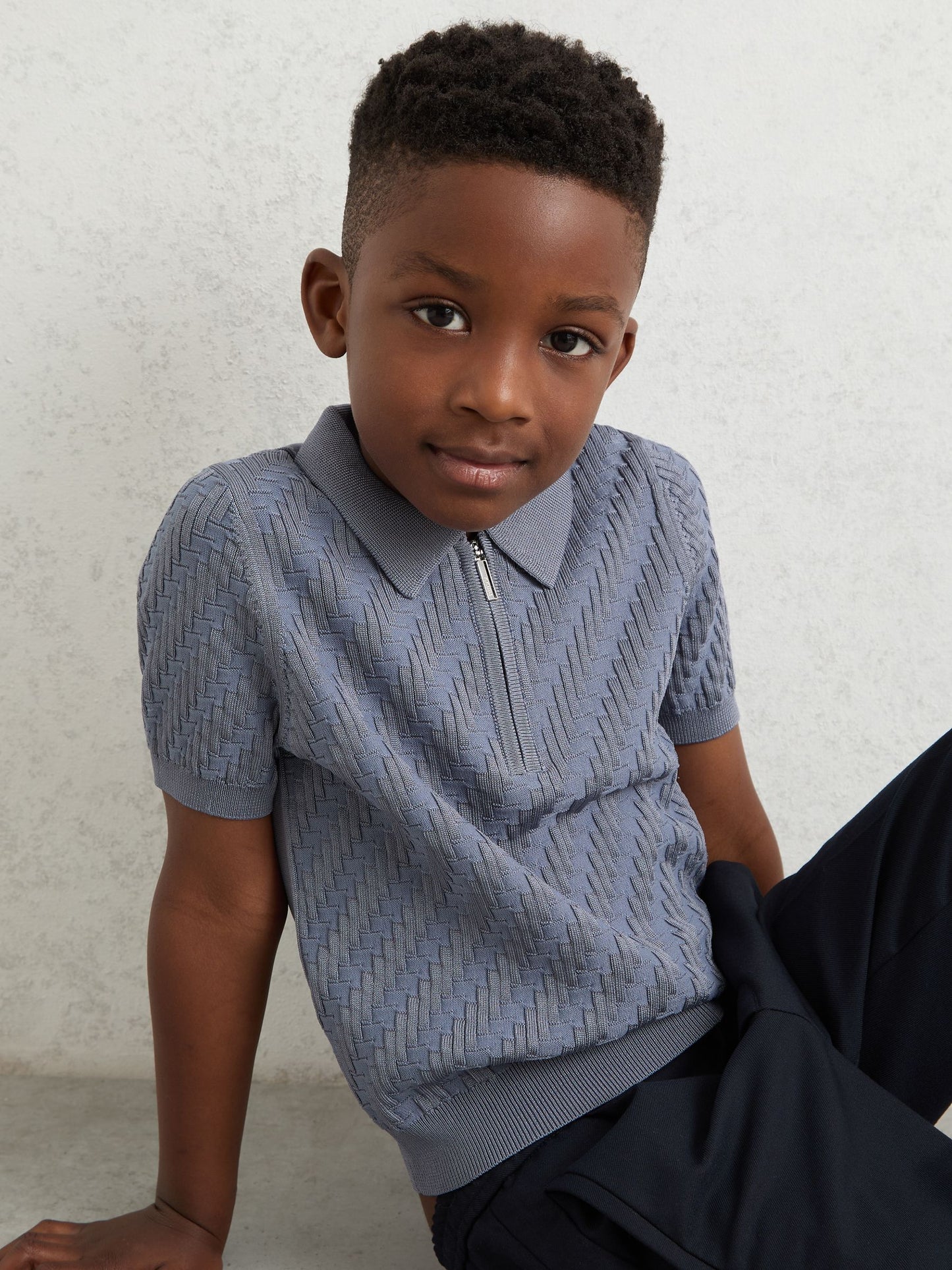 Dsiney Kidz - Reiss Airforce Blue Atticus 9-13 yrs Textured-Knit Half-Zip Polo Shirt image 3