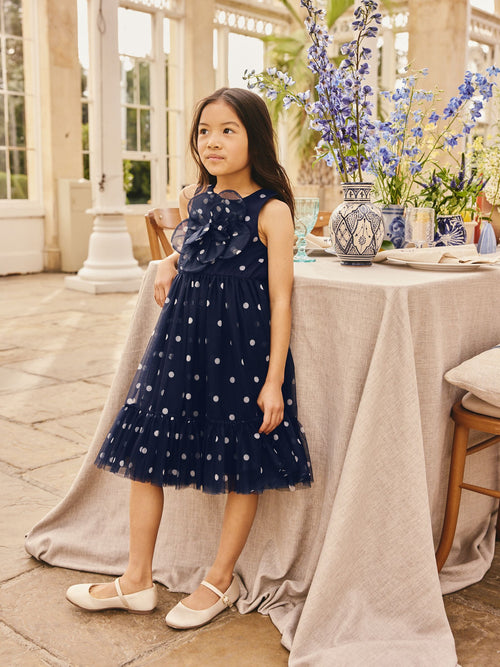 Navy Spot Flower Corsage Mesh Occasion Dress (3-16yrs) image 1