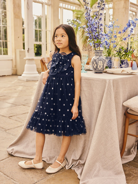 Navy Spot Flower Corsage Mesh Occasion Dress (3-16yrs) image 1