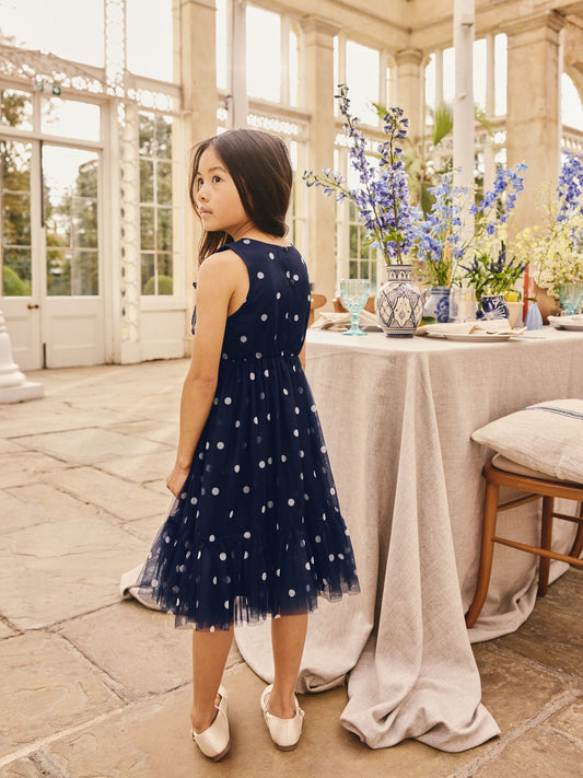 Navy Spot Flower Corsage Mesh Occasion Dress (3-16yrs) image 2