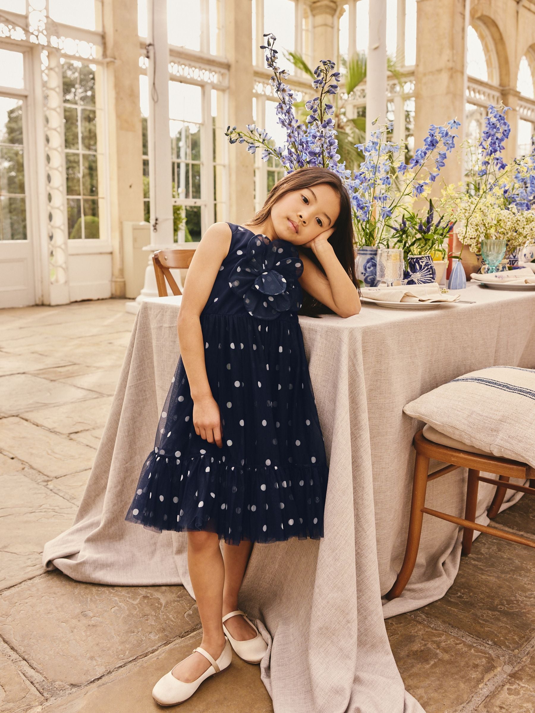 Navy Spot Flower Corsage Mesh Occasion Dress (3-16yrs) image 3