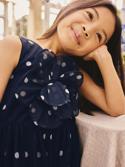 Navy Spot Flower Corsage Mesh Occasion Dress (3-16yrs) image 4