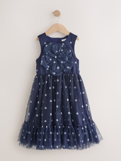 Navy Spot Flower Corsage Mesh Occasion Dress (3-16yrs) image 5