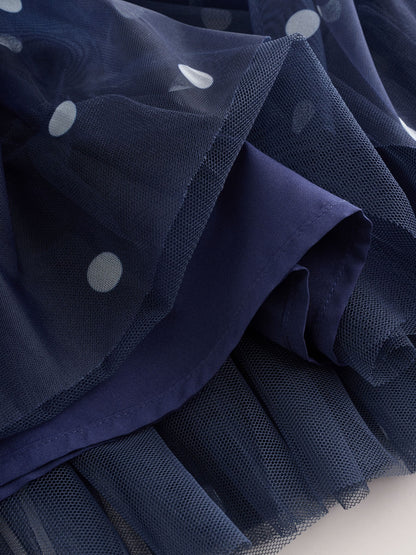 Navy Spot Flower Corsage Mesh Occasion Dress (3-16yrs) image 7