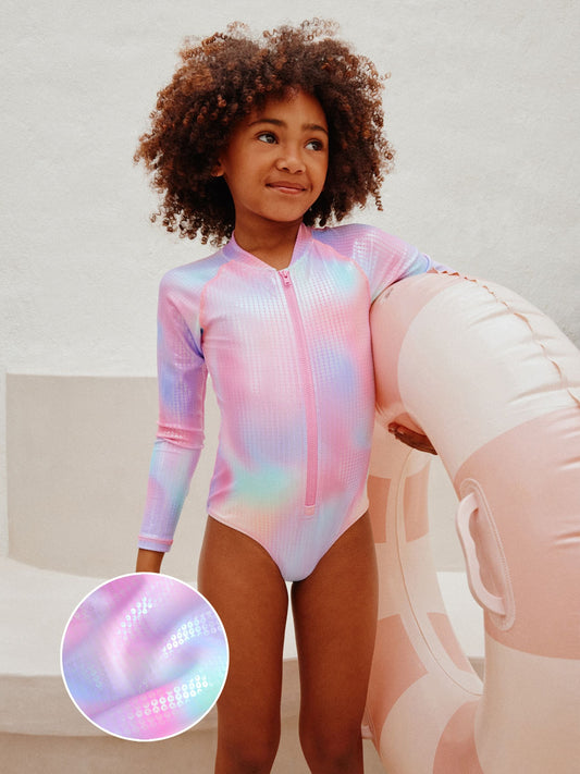 Dsiney Kidz - Pink Rainbow Foil Sequin Long Sleeve Sunsafe Swimsuit (3mths-16yrs) image 1