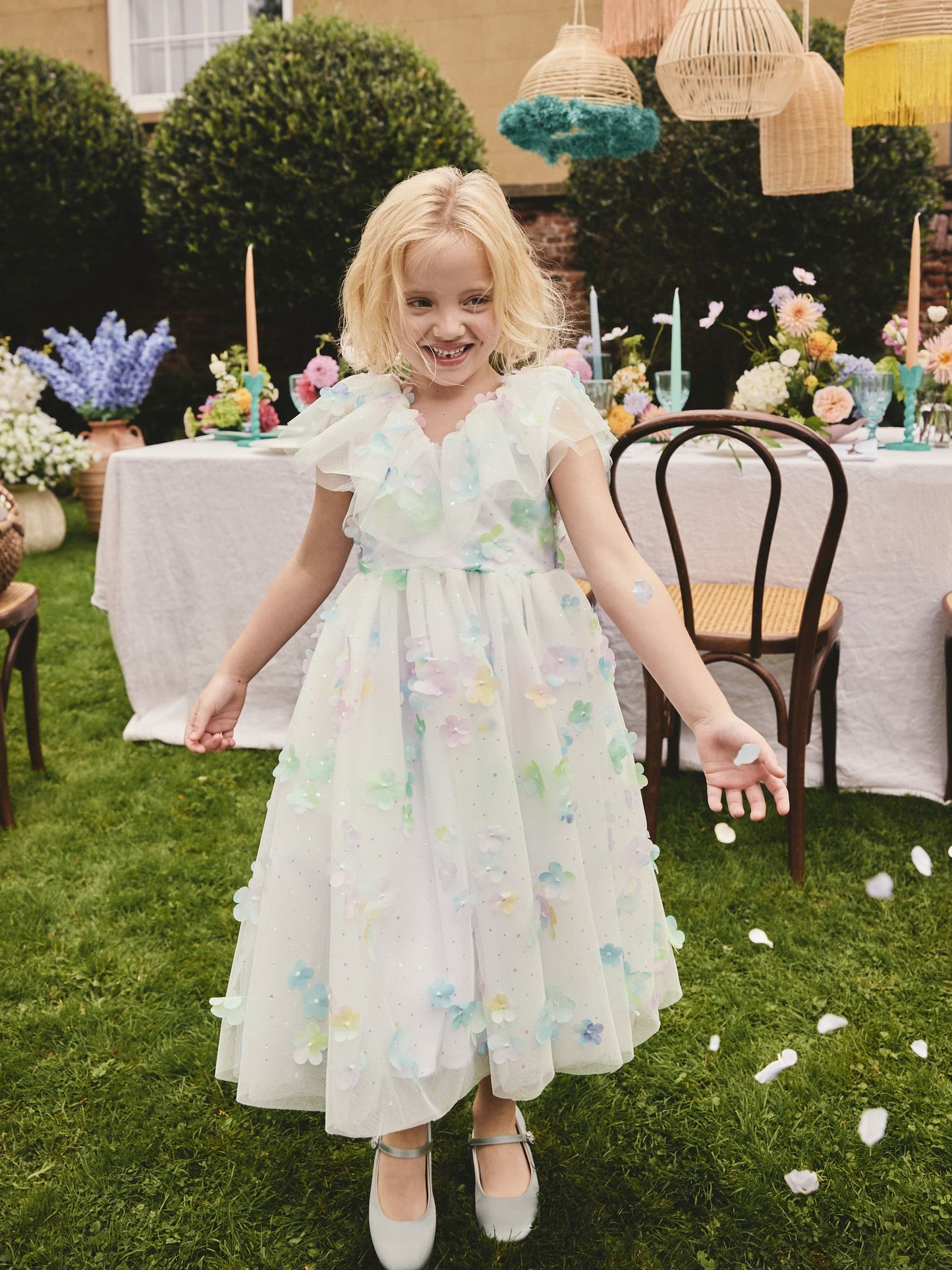 White 3D Flower Ruffle Mesh Occasion Dress (3-16yrs) image 1