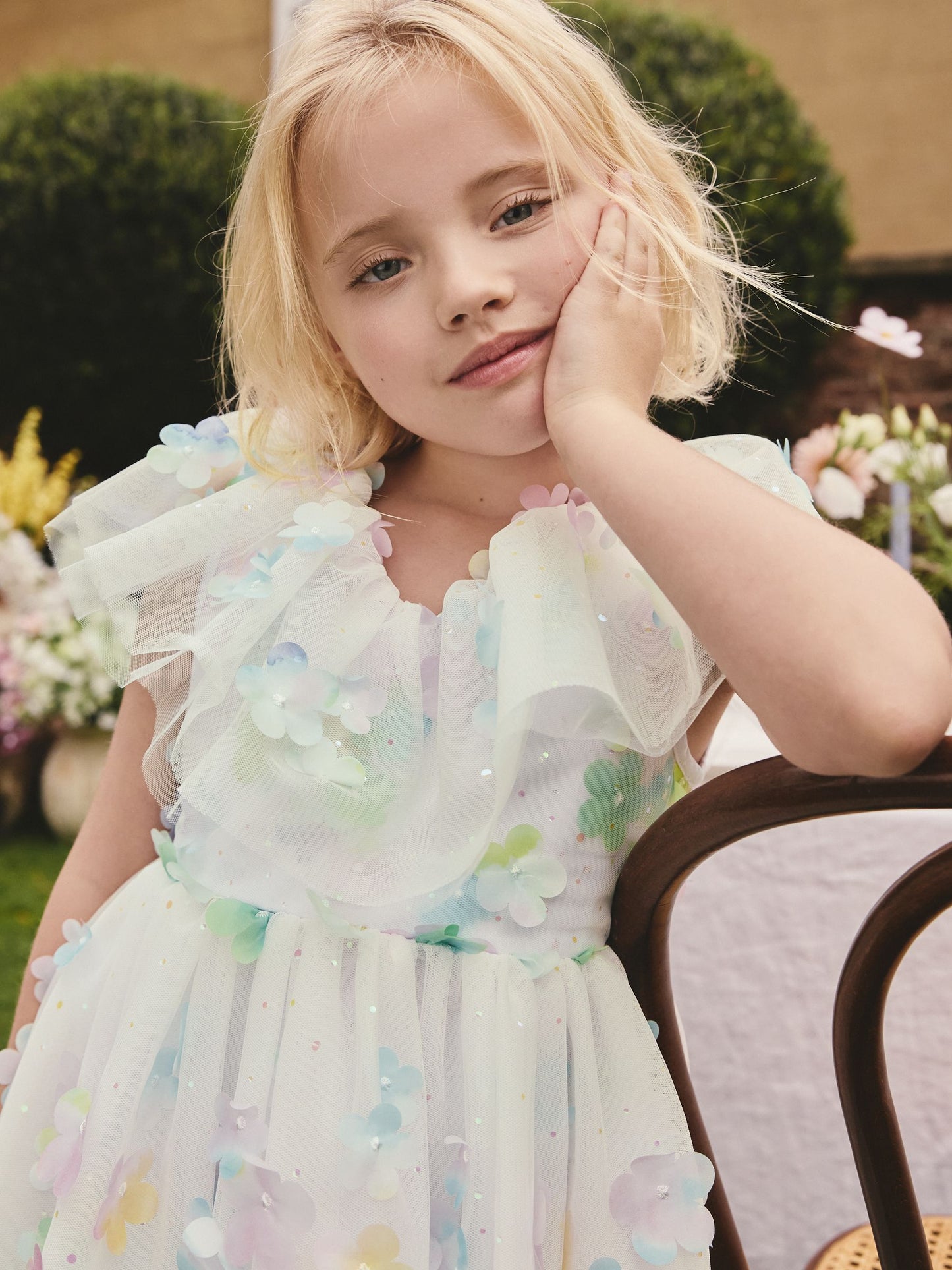 White 3D Flower Ruffle Mesh Occasion Dress (3-16yrs) image 3