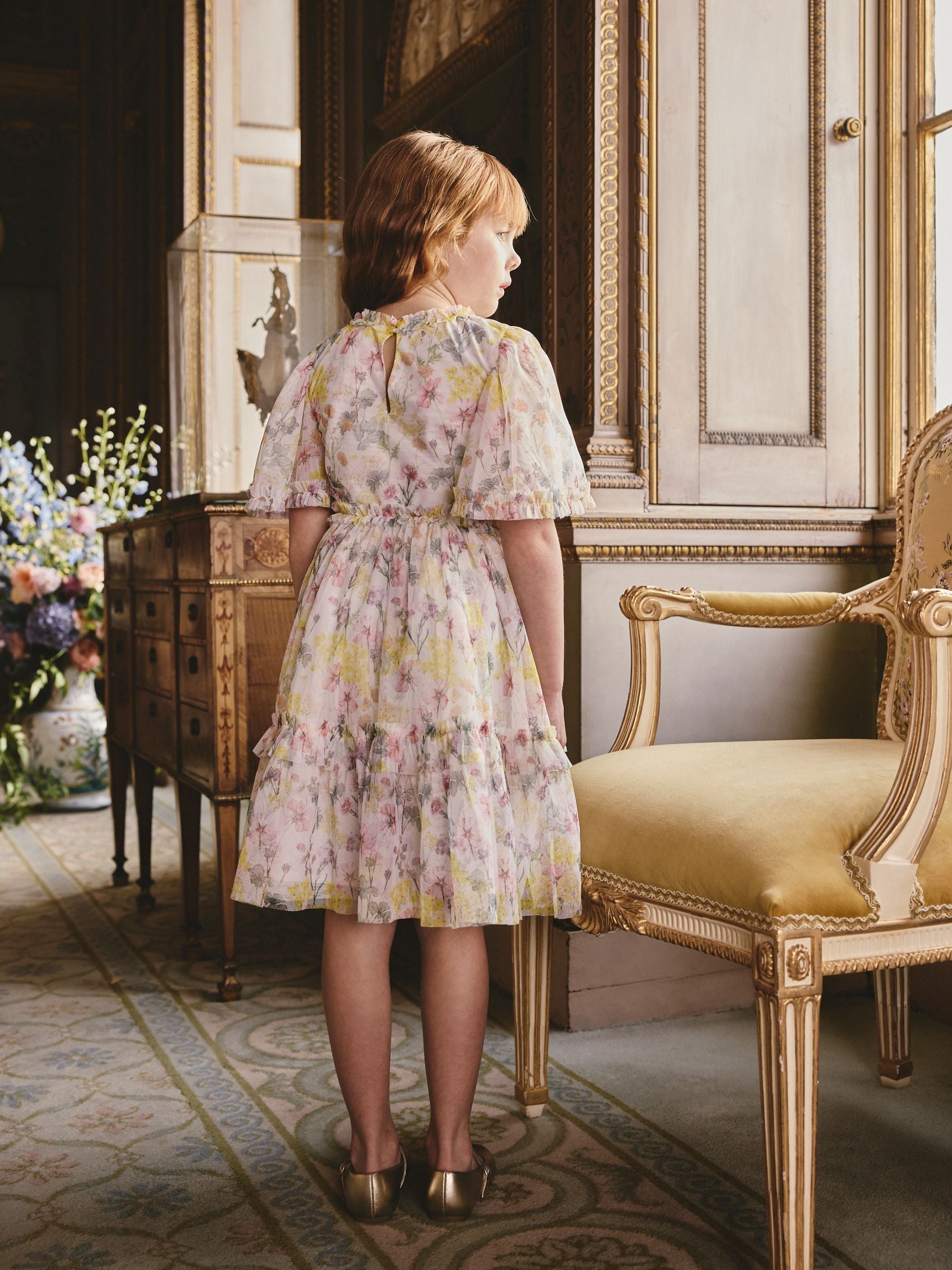 Yellow Floral Angel Sleeve Mesh Occasion Dress (3-16yrs) image 3