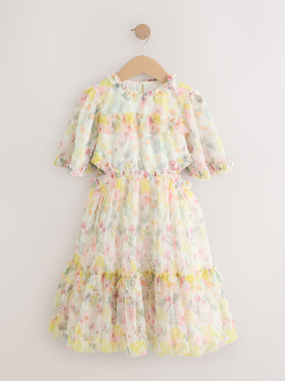 Yellow Floral Angel Sleeve Mesh Occasion Dress (3-16yrs) image 4