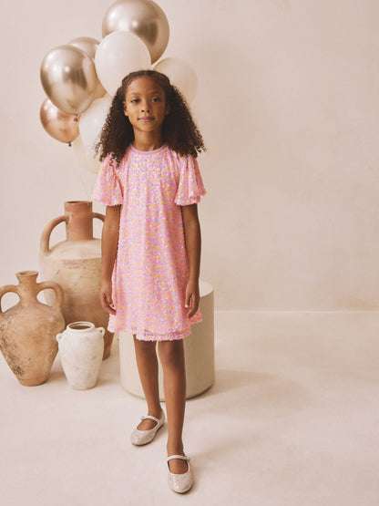 Pastel Pink Angel Sleeve Sequin Party Dress (3-16yrs) image 1