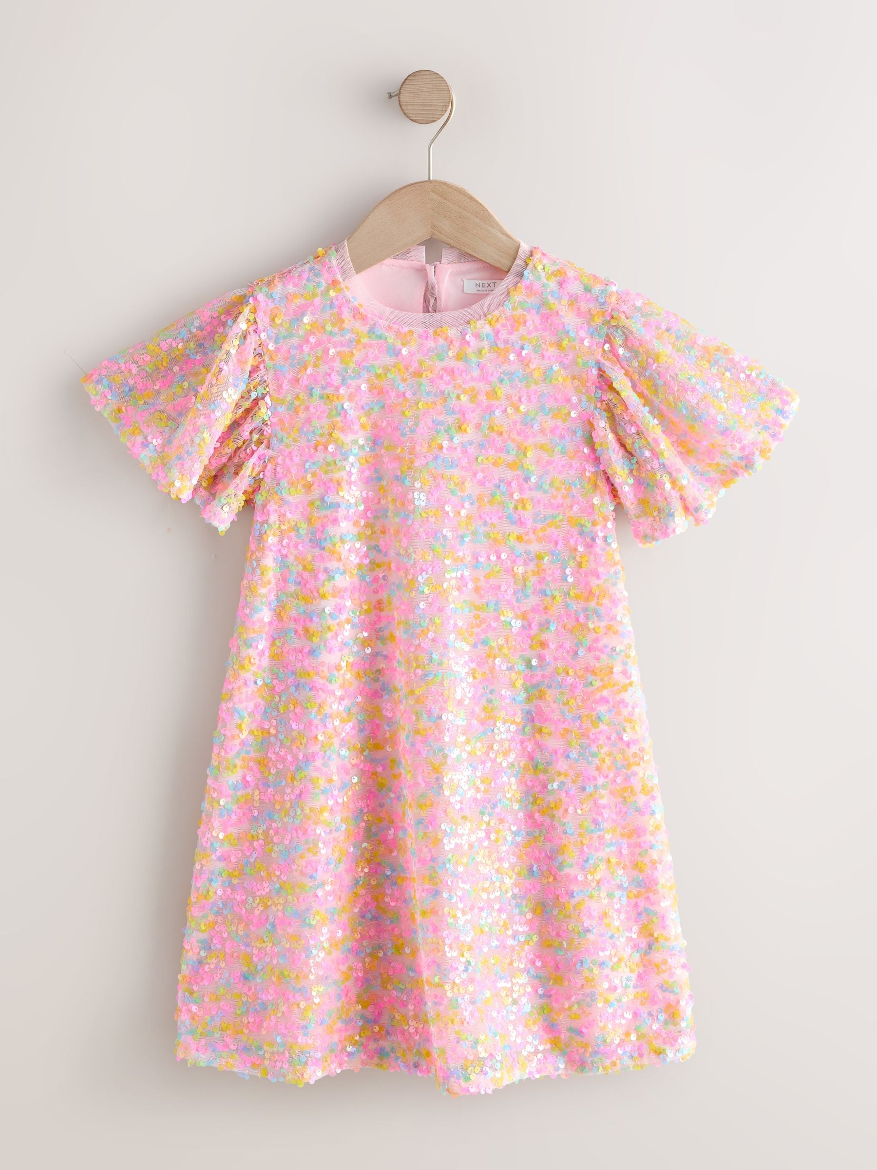 Pastel Pink Angel Sleeve Sequin Party Dress (3-16yrs) image 5