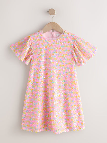 Pastel Pink Angel Sleeve Sequin Party Dress (3-16yrs) image 5
