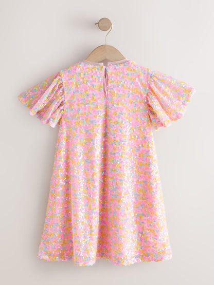 Pastel Pink Angel Sleeve Sequin Party Dress (3-16yrs) image 6