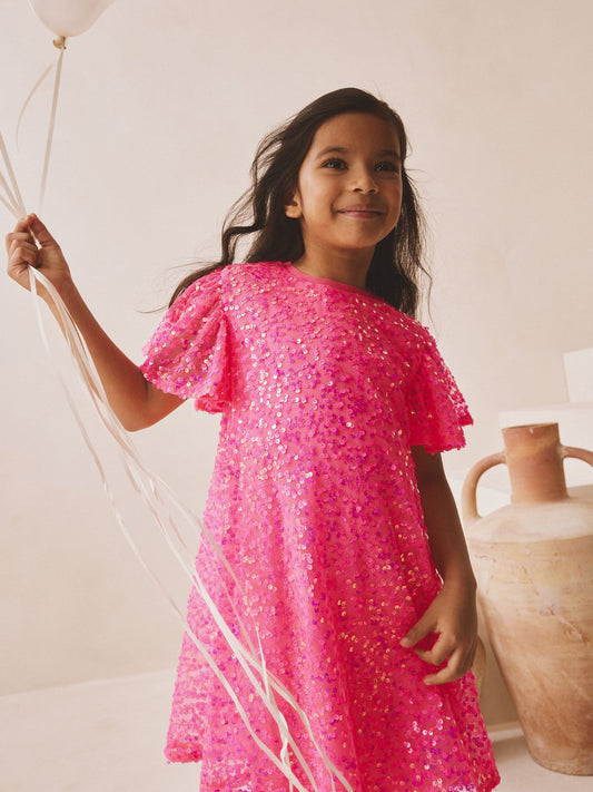 Bright Pink Angel Sleeve Sequin Party Dress (3-16yrs) image 1
