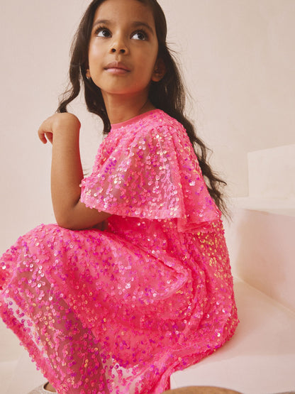 Bright Pink Angel Sleeve Sequin Party Dress (3-16yrs) image 2
