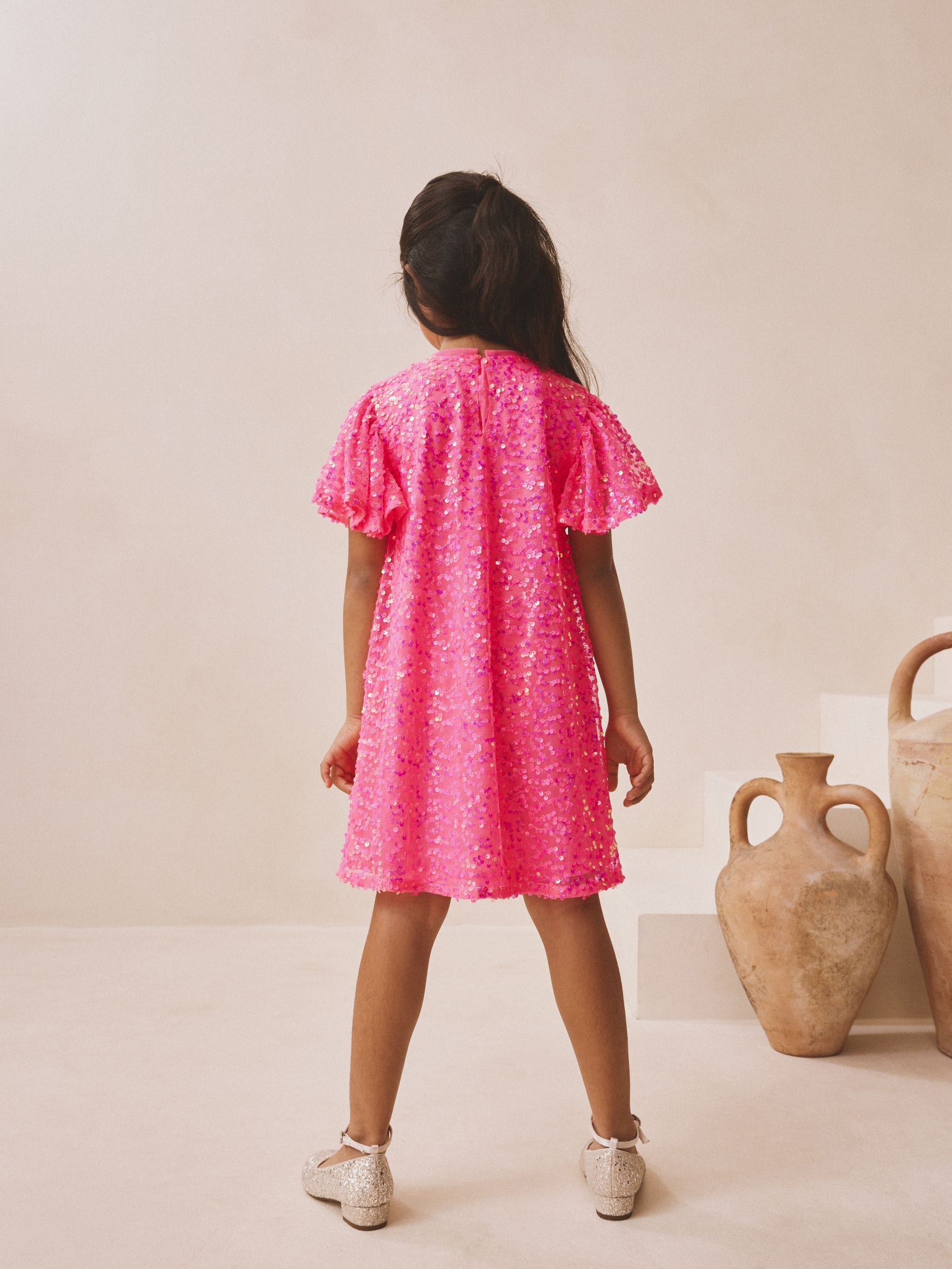 Bright Pink Angel Sleeve Sequin Party Dress (3-16yrs) image 3