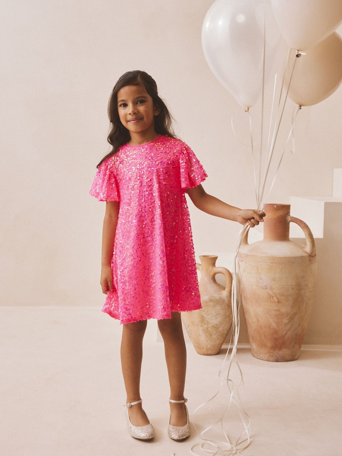Bright Pink Angel Sleeve Sequin Party Dress (3-16yrs) image 4