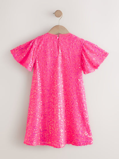 Bright Pink Angel Sleeve Sequin Party Dress (3-16yrs) image 6