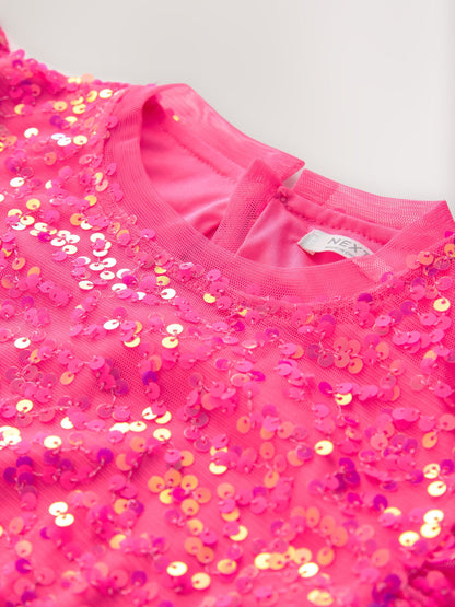 Bright Pink Angel Sleeve Sequin Party Dress (3-16yrs) image 7