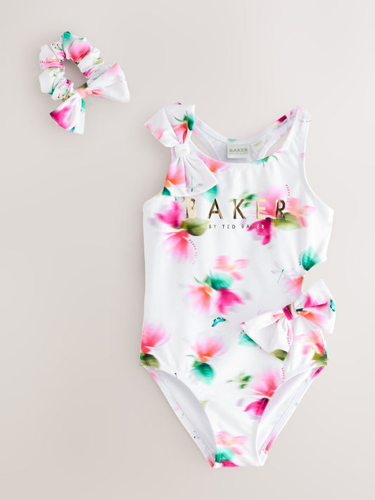 Baker by Ted Baker Pink Cut Out Floral Swimsuit & Hair Scrunchie image 1