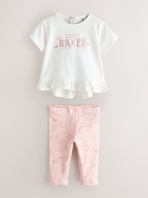 Baker by Ted Baker 2 Piece Broderie Back Peplum Pink T-Shirt & Leggings Set image 1