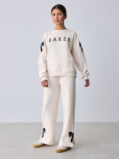 Baker by Ted Baker Cream 2 Piece Bow Applique Sweat & Wide Leg Joggers Set image 1