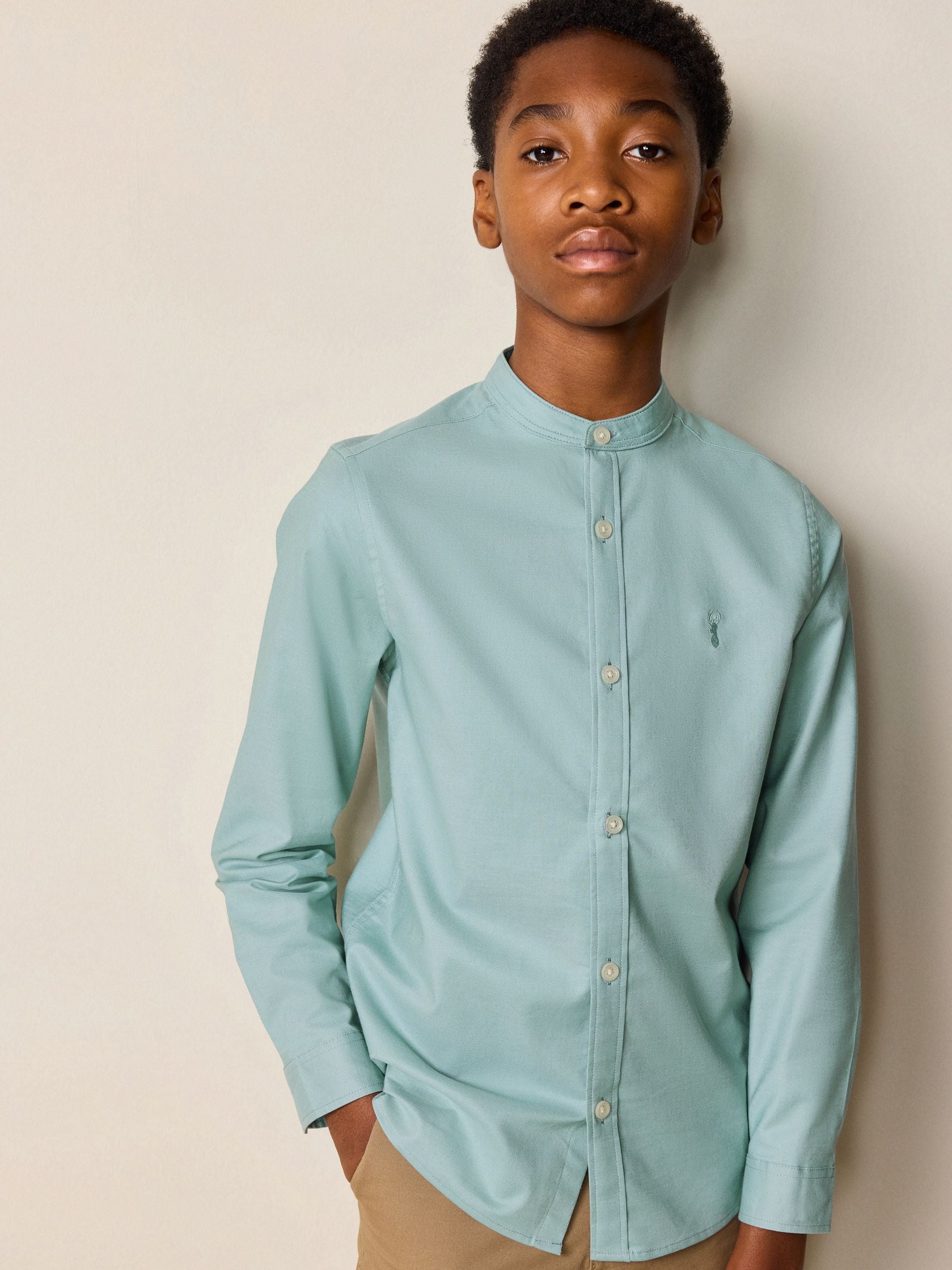 Dsiney Kidz - Mineral Green Long Sleeve Grandad Collar Oxford Shirt (3-16yrs) image 1