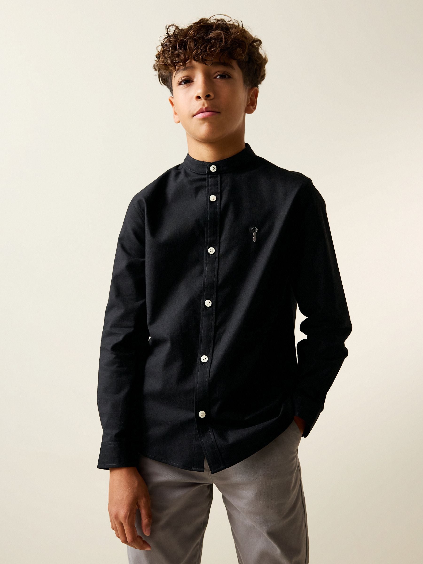 Dsiney Kidz - Black Long Sleeve Grandad Collar Oxford Shirt (3-16yrs) image 1