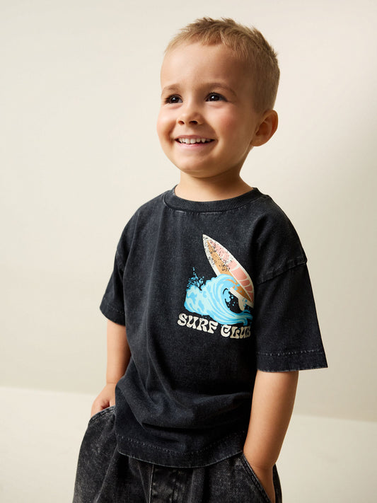 Black Acid Wash Surf Club Oversized Short Sleeve Back Print T-Shirt (3mths-7yrs) image 2