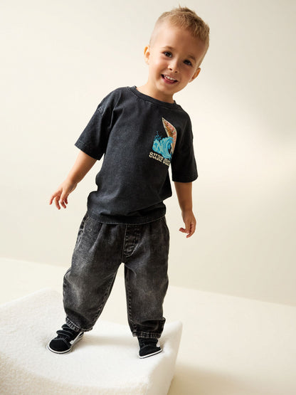 Black Acid Wash Surf Club Oversized Short Sleeve Back Print T-Shirt (3mths-7yrs) image 3