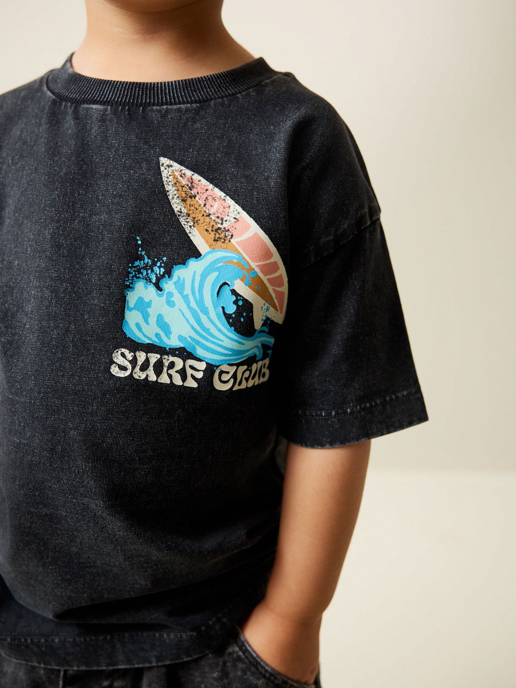Black Acid Wash Surf Club Oversized Short Sleeve Back Print T-Shirt (3mths-7yrs) image 4