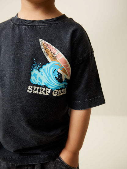 Black Acid Wash Surf Club Oversized Short Sleeve Back Print T-Shirt (3mths-7yrs) image 4