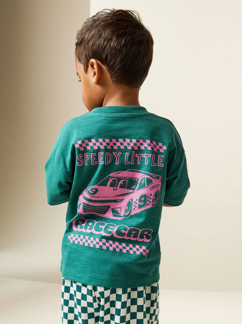 Green/Pink Race Car Short Sleeve Back Print T-Shirt (3mths-7yrs) image 1