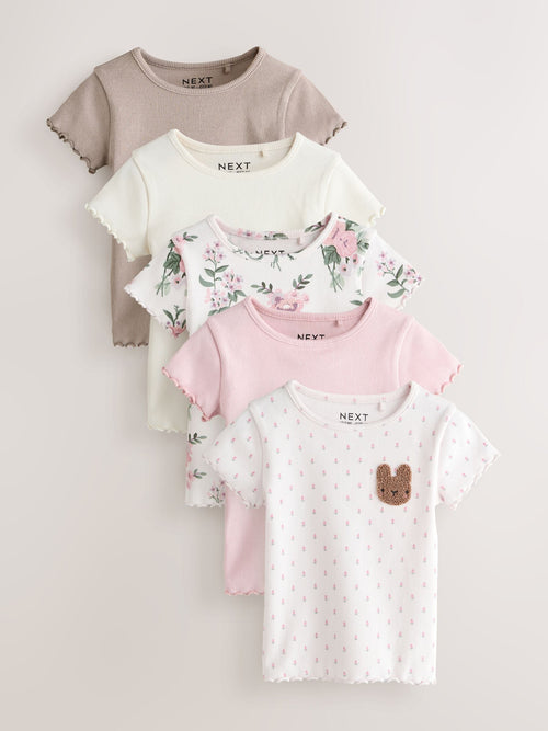 Pink Ribbed Short Sleeve Tops 5 Pack (3mths-7yrs) image 1